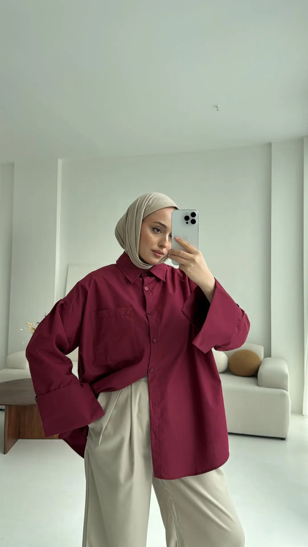 Kalın Manşetli Oversize Bordo Gömlek - Görsel 5