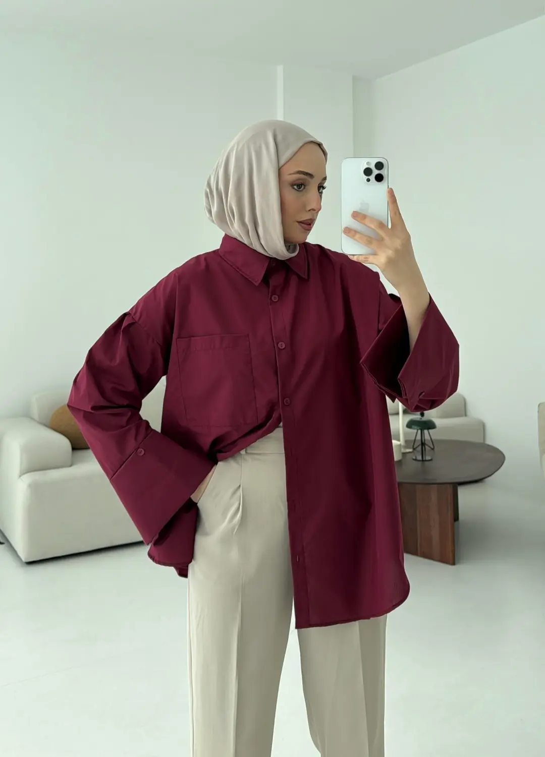 Kalın Manşetli Oversize Bordo Gömlek