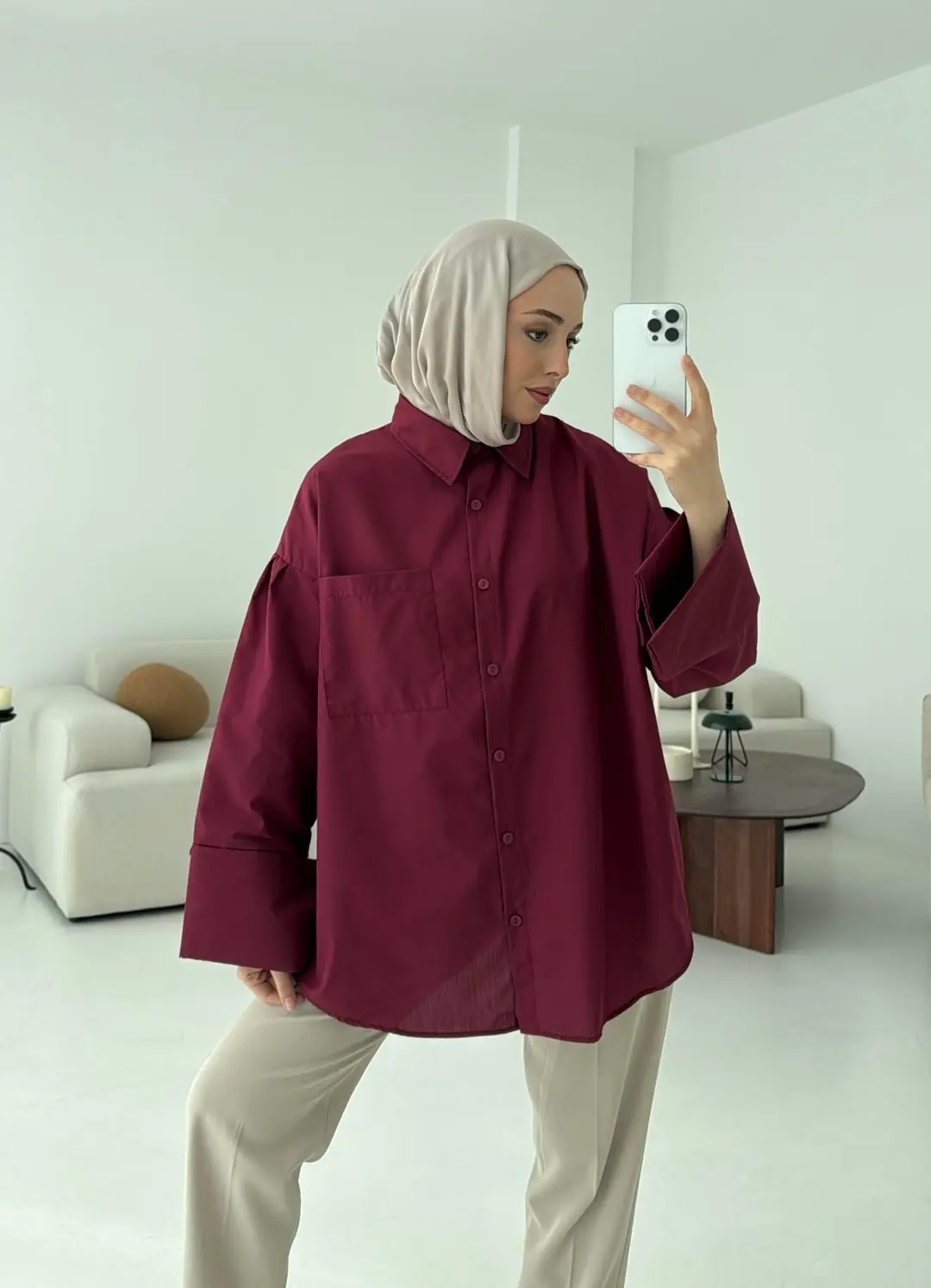 Kalın Manşetli Oversize Bordo Gömlek - Görsel 5