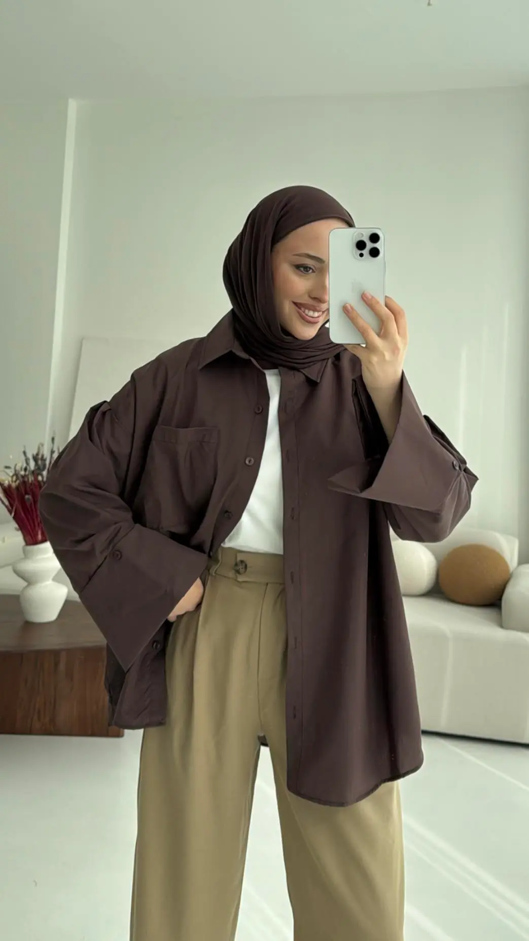 Kalın Manşetli Oversize Kahve Gömlek - Görsel 7