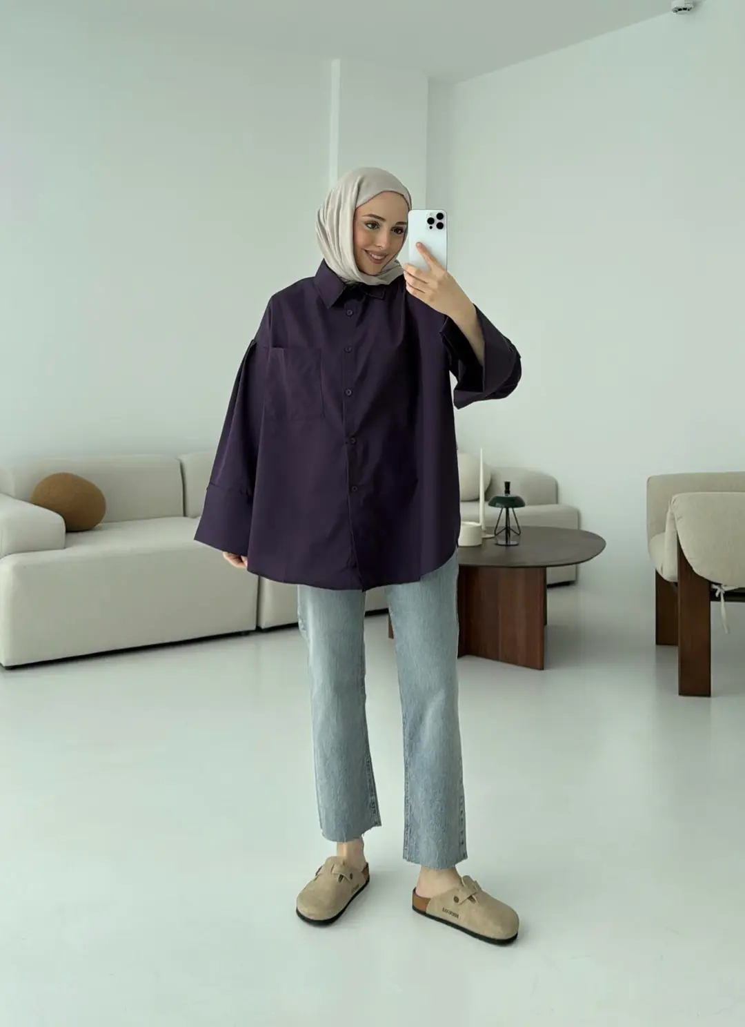 Kalın Manşetli Oversize Mor Gömlek - Görsel 2