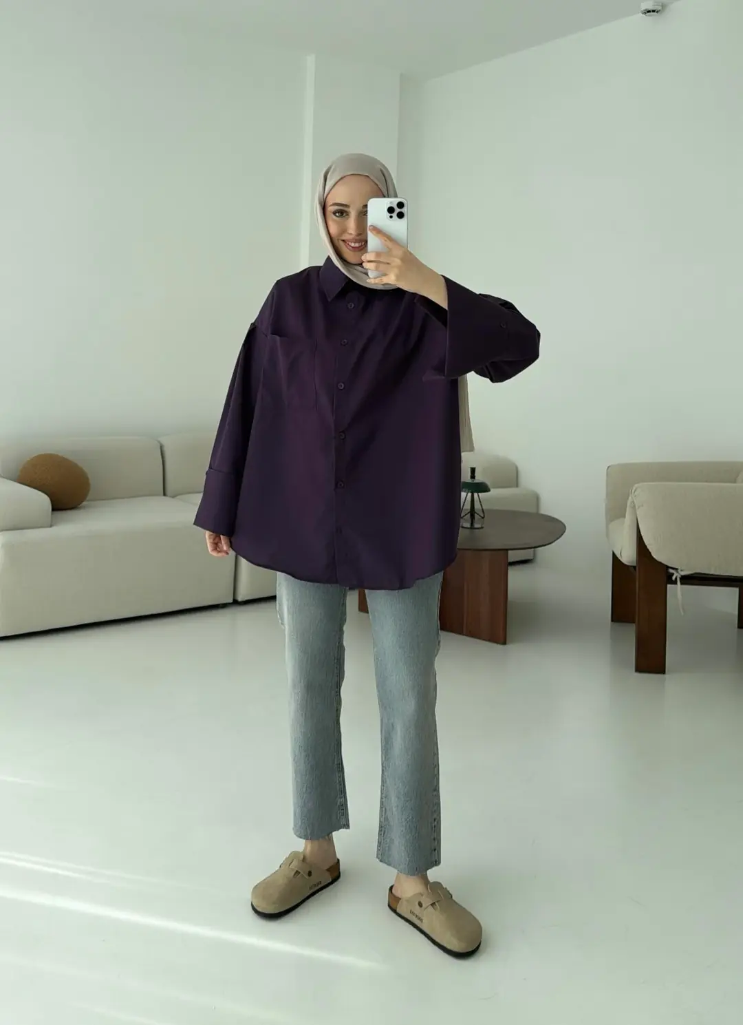 Kalın Manşetli Oversize Mor Gömlek - Görsel 4