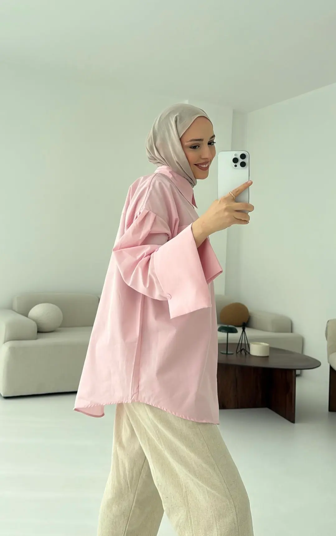 Kalın Manşetli Oversize Pembe Gömlek - Görsel 4