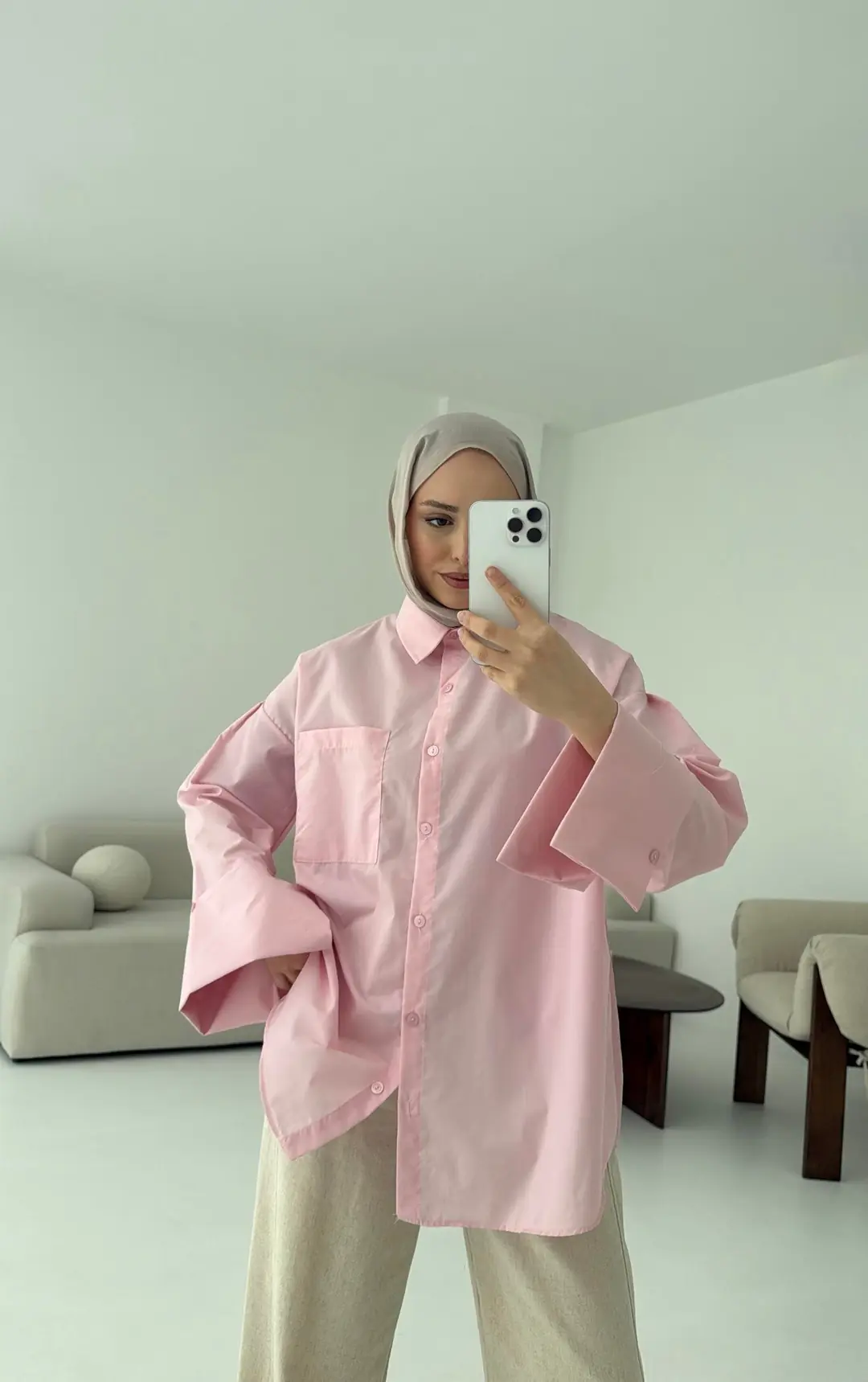 Kalın Manşetli Oversize Pembe Gömlek - Görsel 6