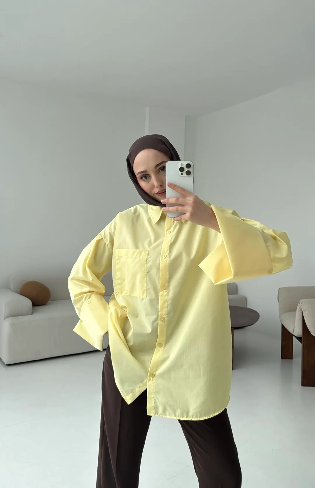 Kalın Manşetli Oversize Sarı Gömlek - Görsel 4