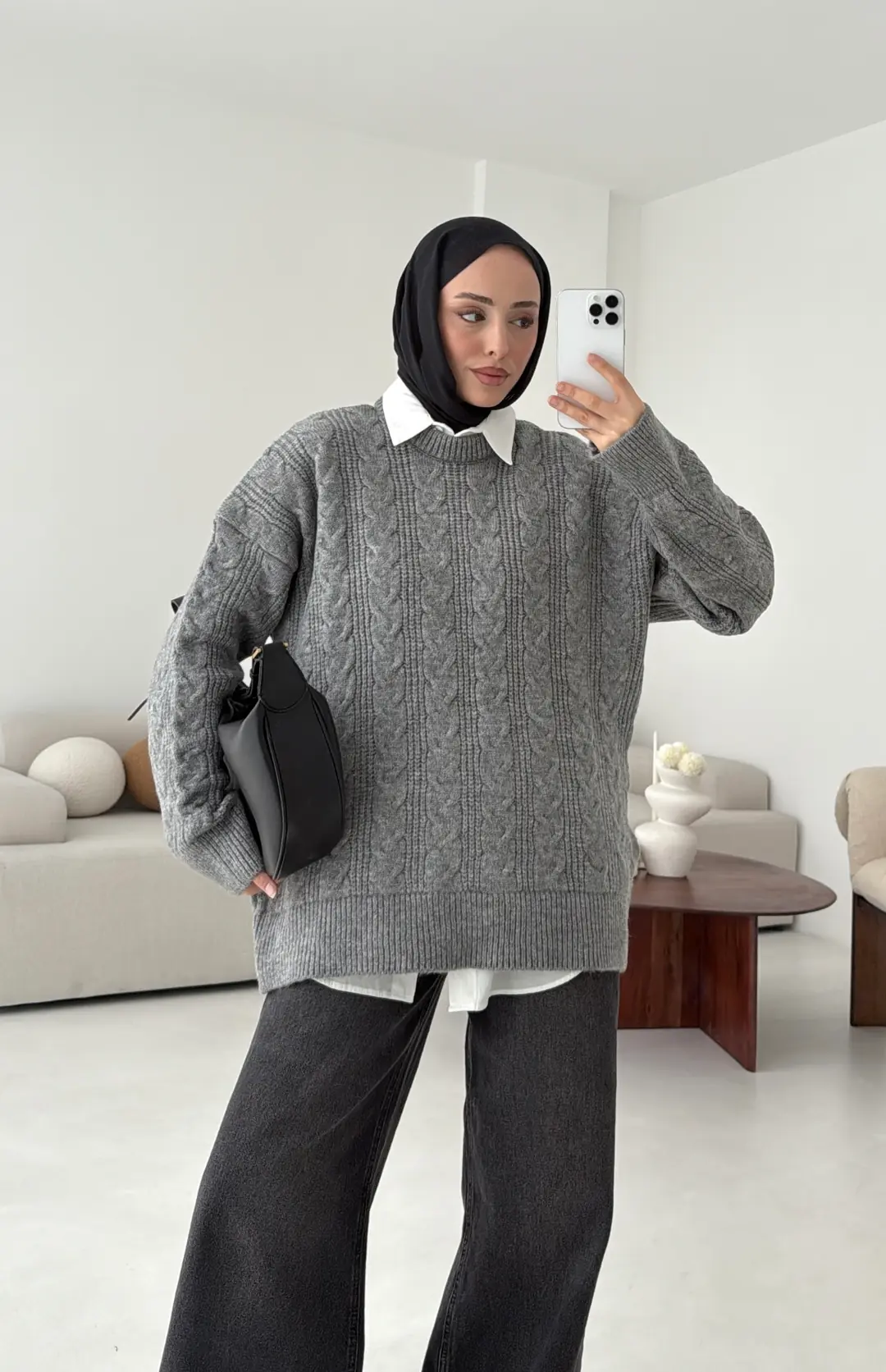 Kalın Saç Örgü Kazak Gri - Görsel 4