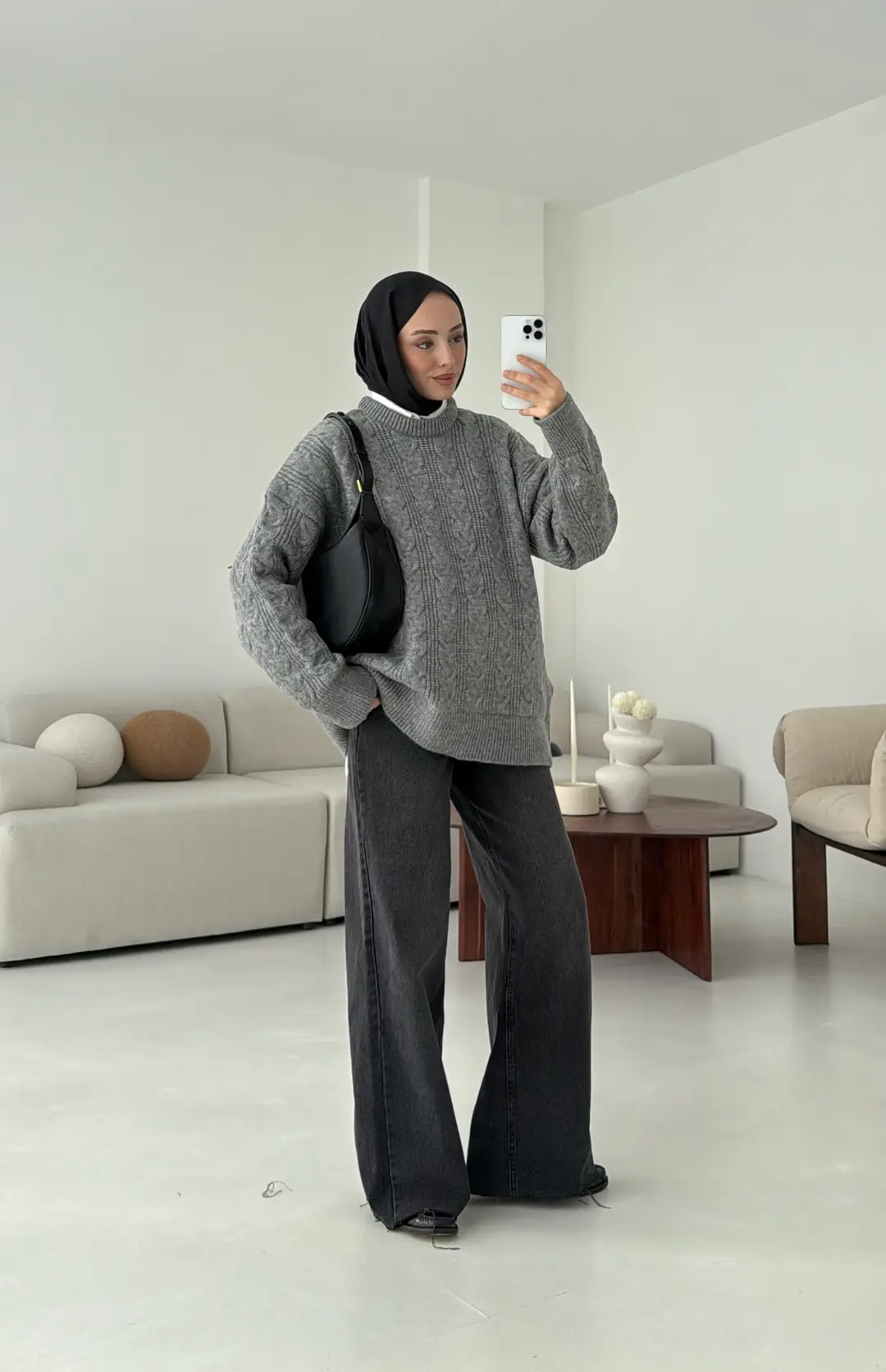 Kalın Saç Örgü Kazak Gri - Görsel 6