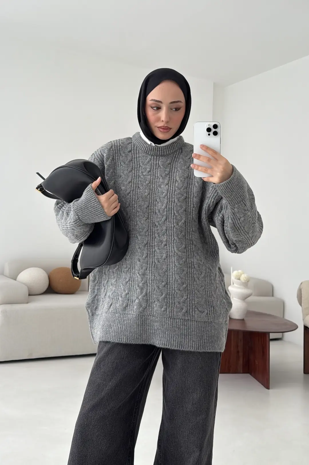 Kalın Saç Örgü Kazak Gri - Görsel 8