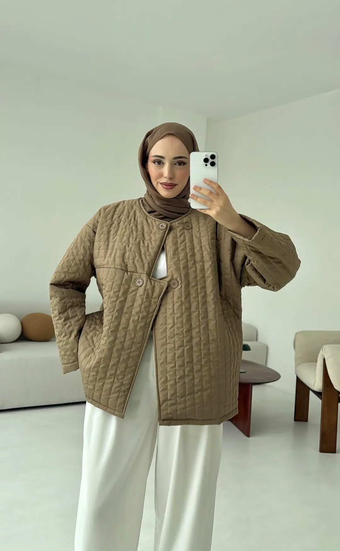 Kapitone Astarlı Ceket Acık Kahve - Görsel 8