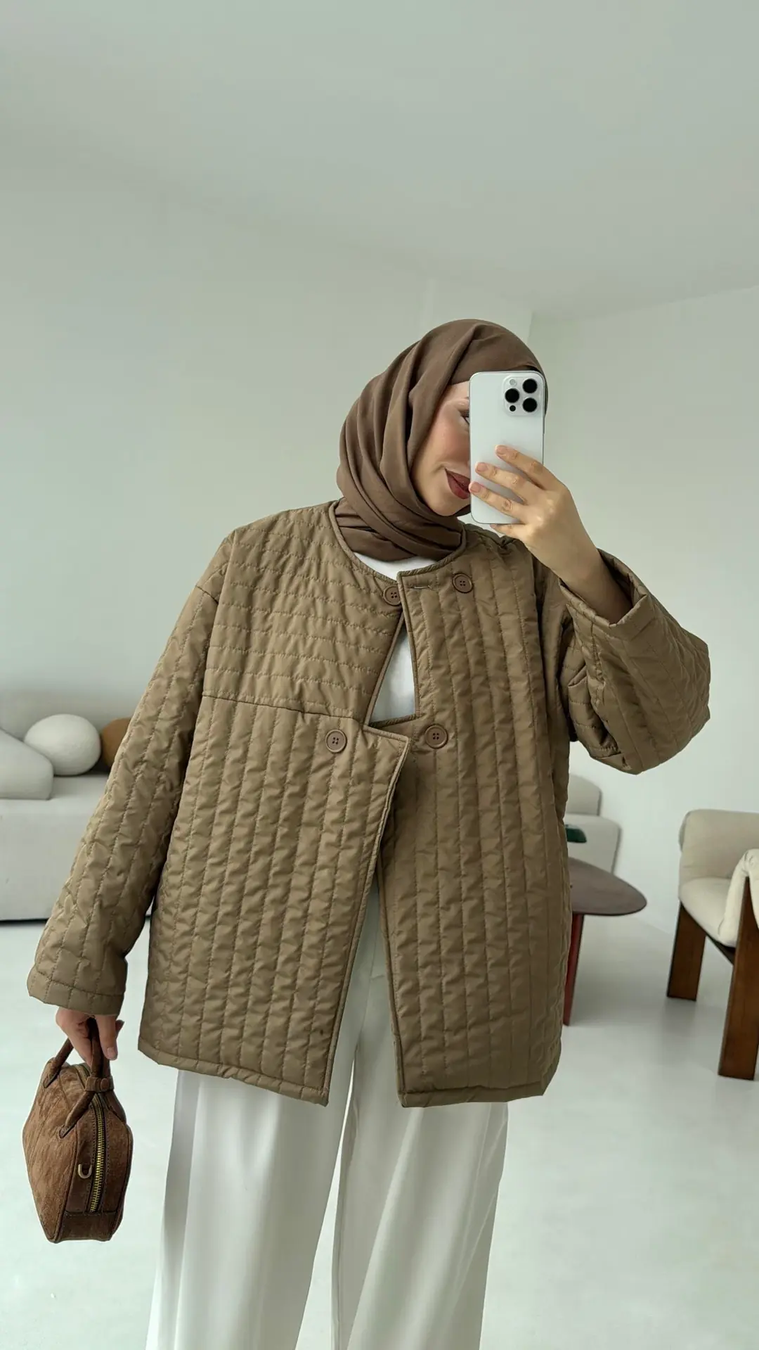 Kapitone Astarlı Ceket Acık Kahve - Görsel 9