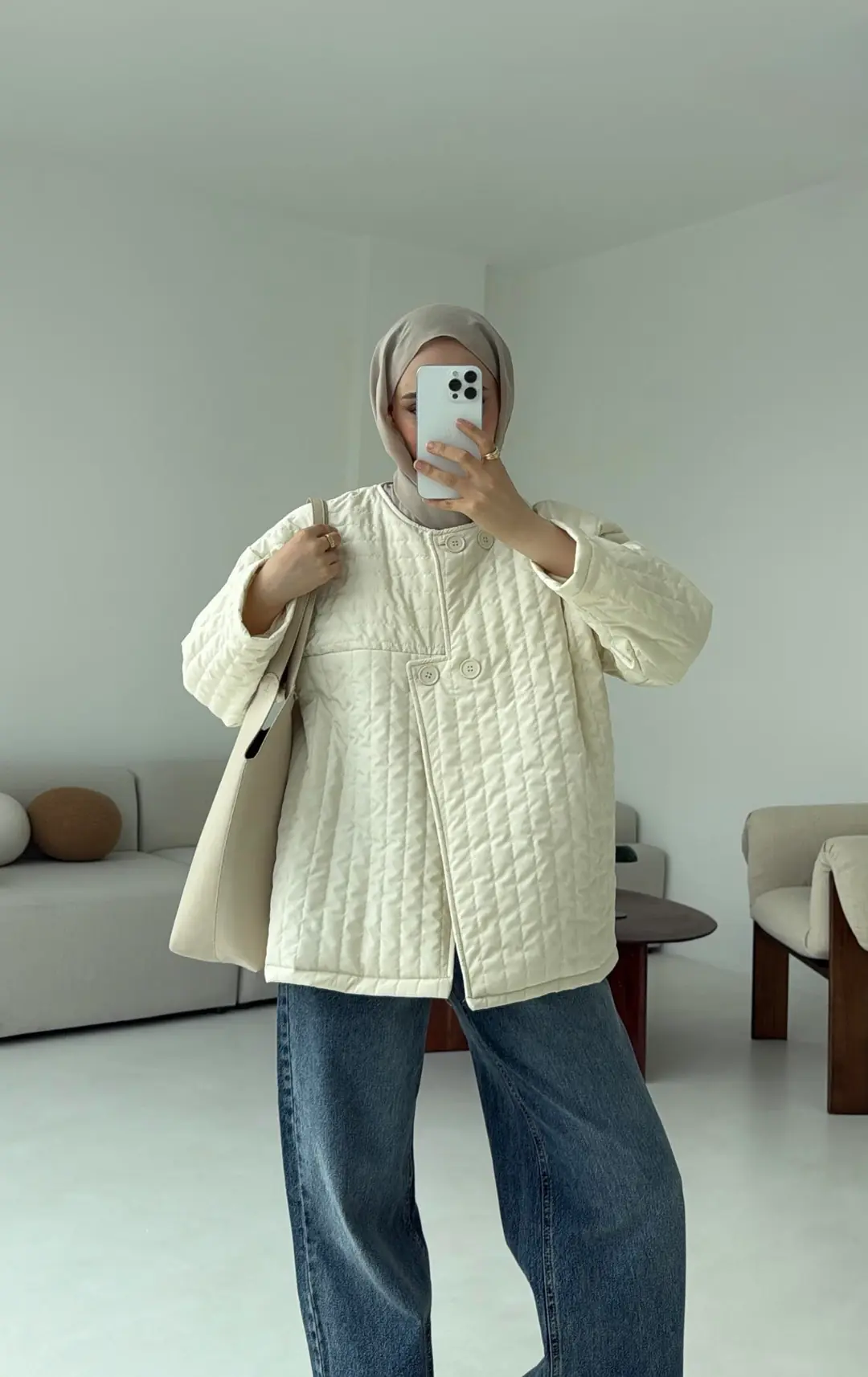 Kapitone Astarlı Ceket Krem