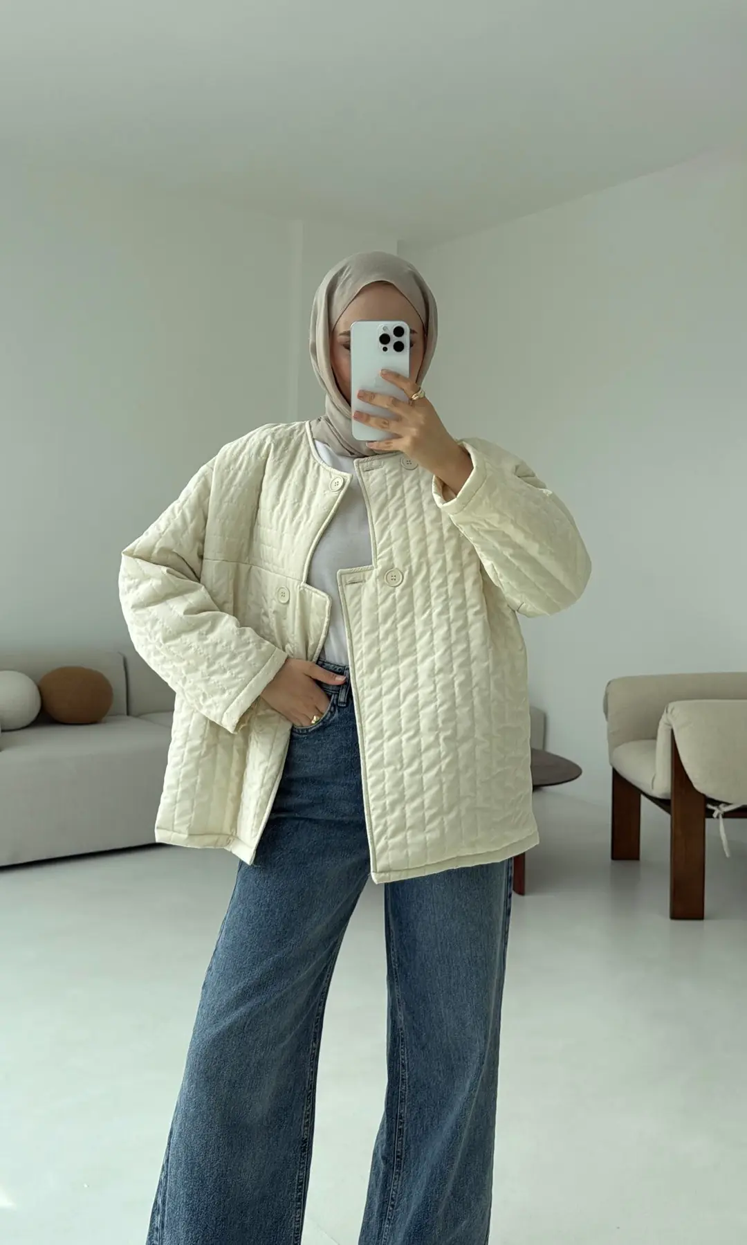 Kapitone Astarlı Ceket Krem - Görsel 10