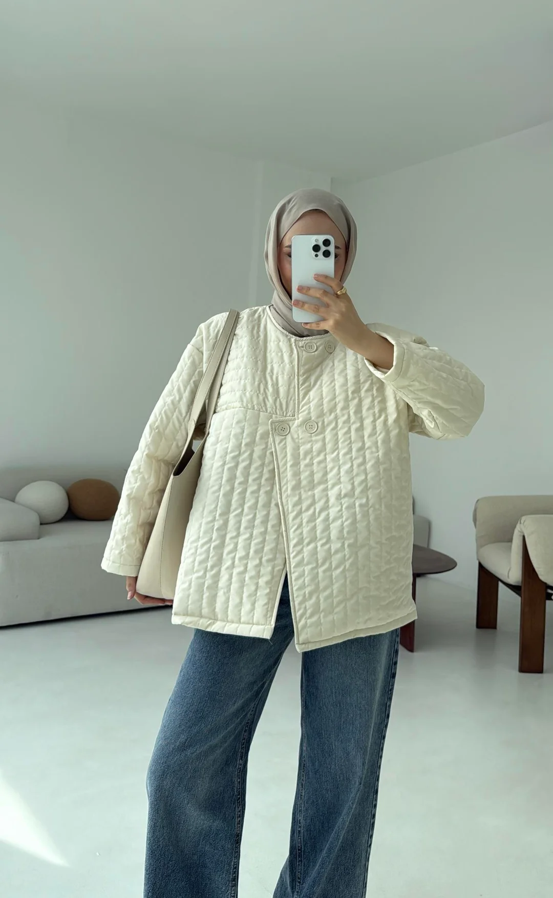 Kapitone Astarlı Ceket Krem - Görsel 3