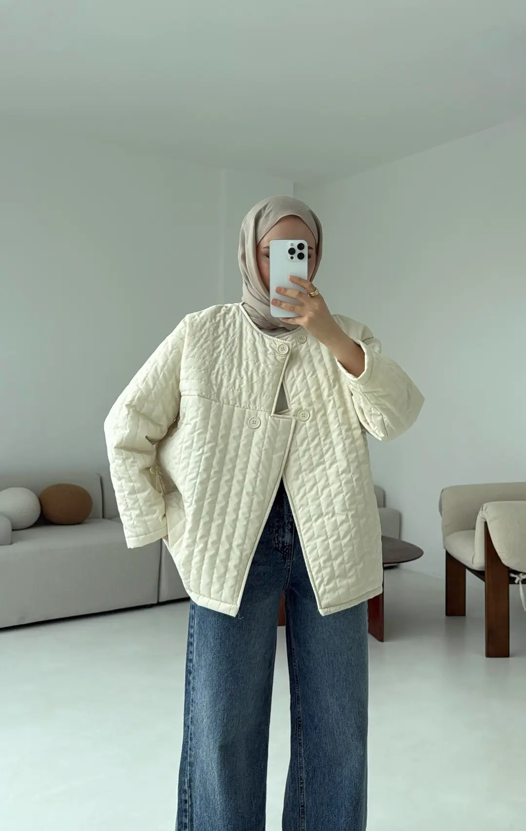 Kapitone Astarlı Ceket Krem - Görsel 6