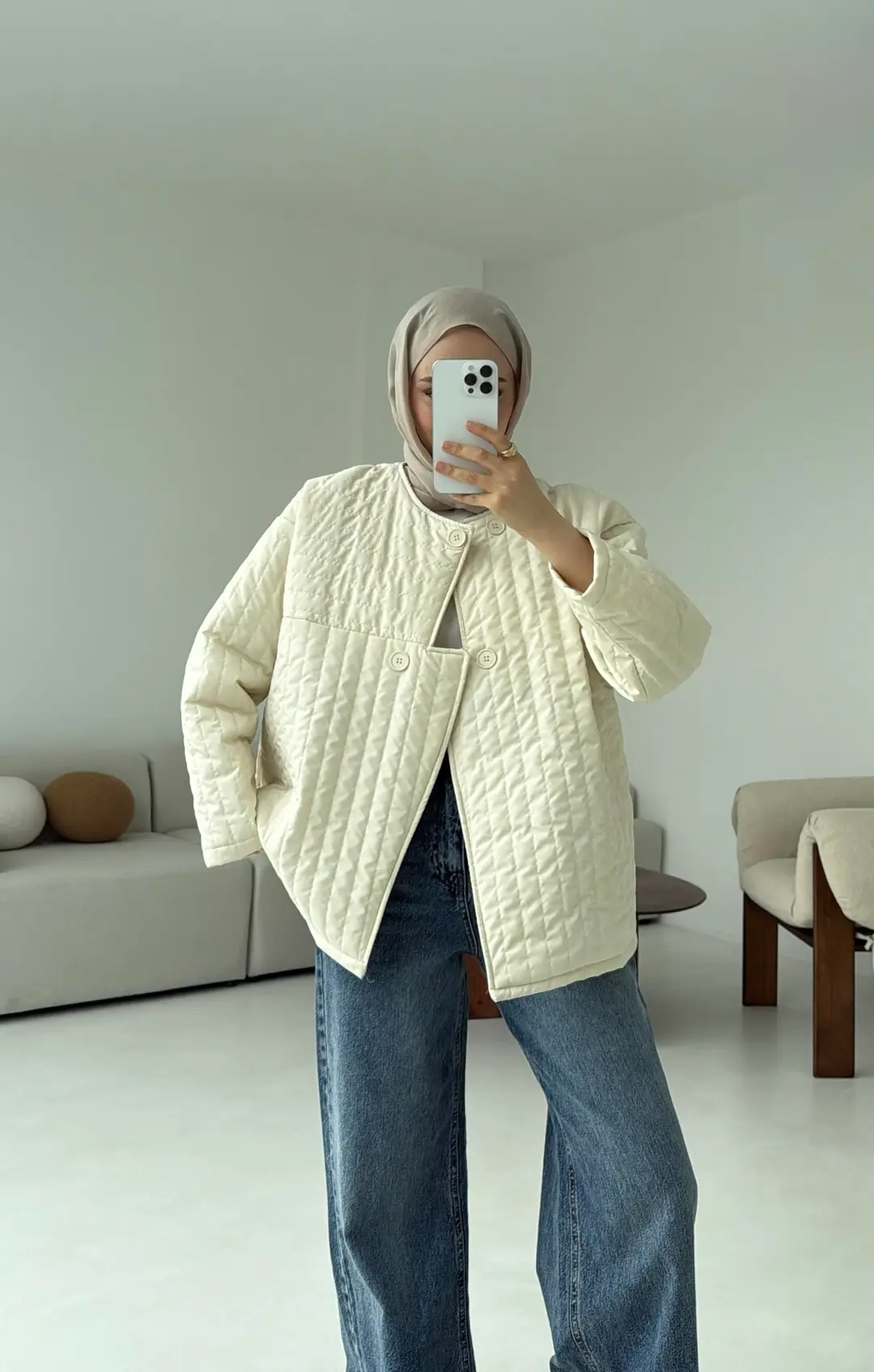 Kapitone Astarlı Ceket Krem - Görsel 7