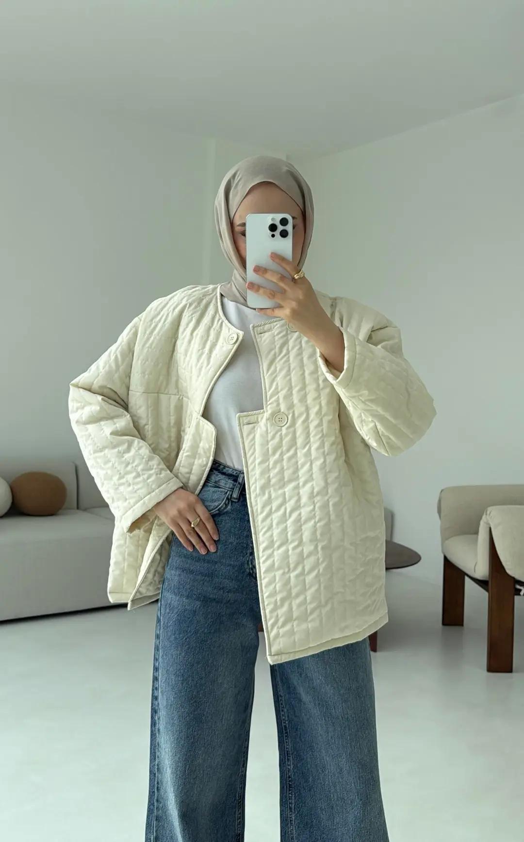 Kapitone Astarlı Ceket Krem - Görsel 8