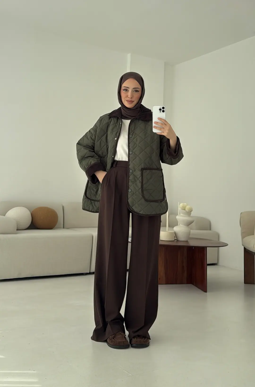 Kapitone Kadife Geçişli Ceket Haki - Görsel 5