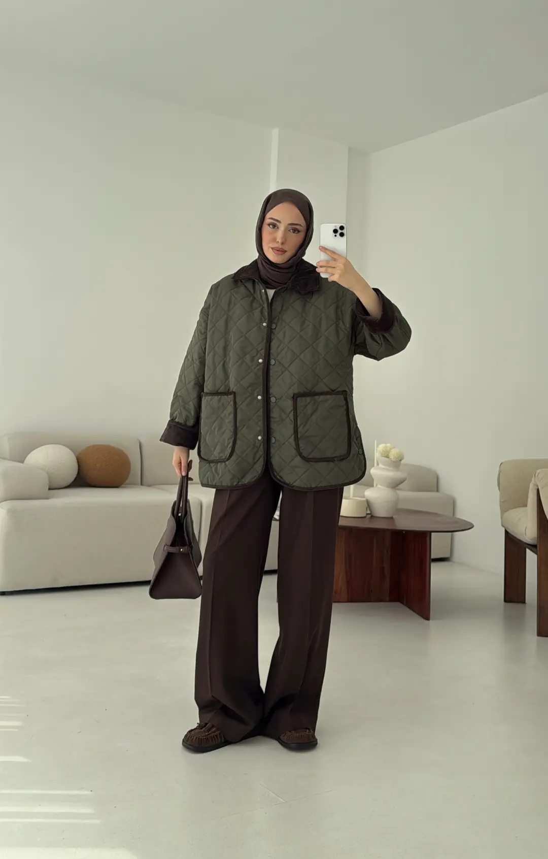 Kapitone Kadife Geçişli Ceket Haki - Görsel 7