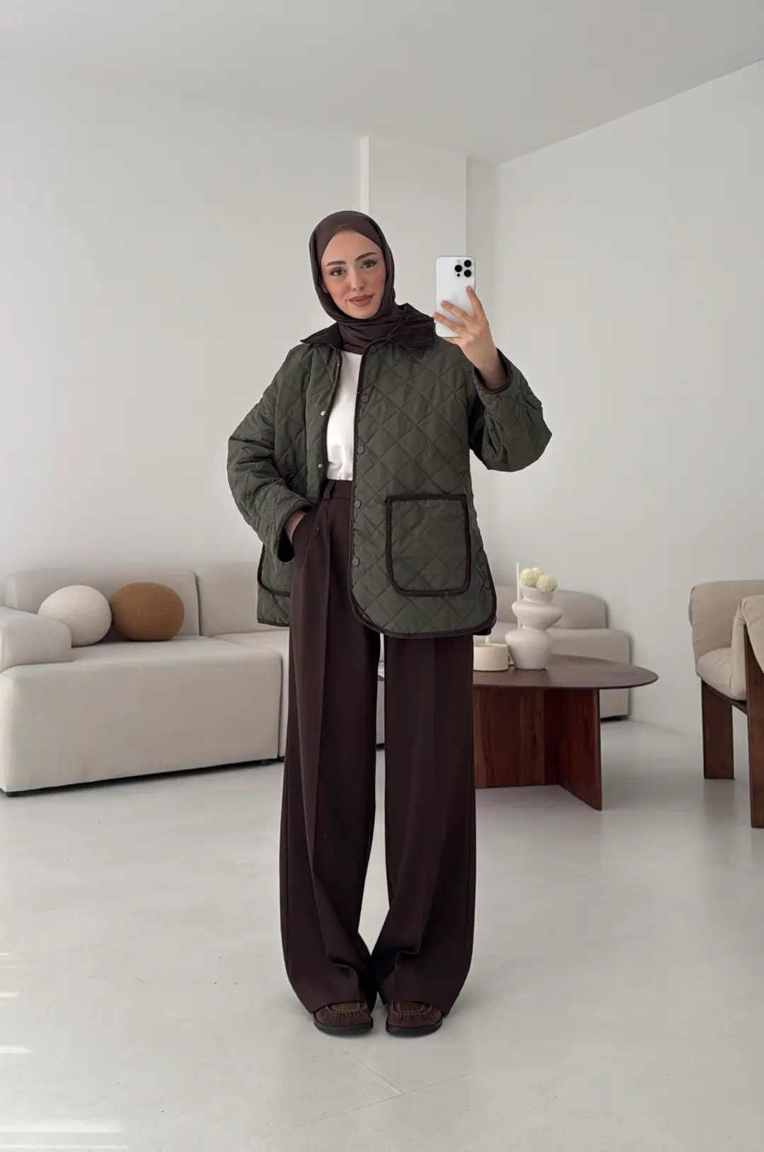 Kapitone Kadife Geçişli Ceket Haki - Görsel 8