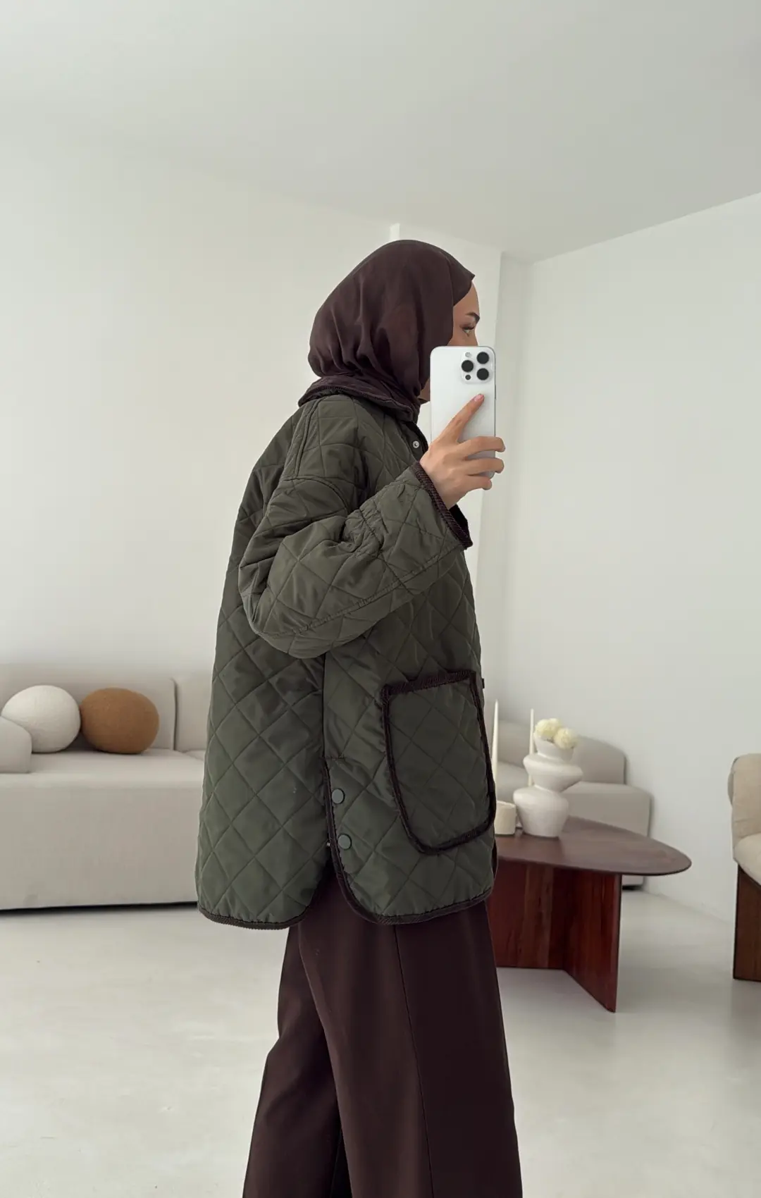 Kapitone Kadife Geçişli Ceket Haki - Görsel 9