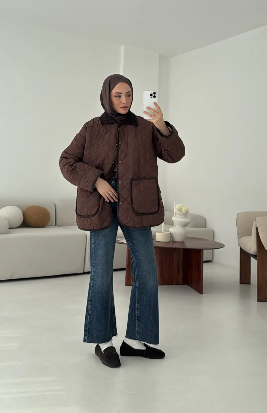 Kapitone Kadife Geçişli Ceket Kahve