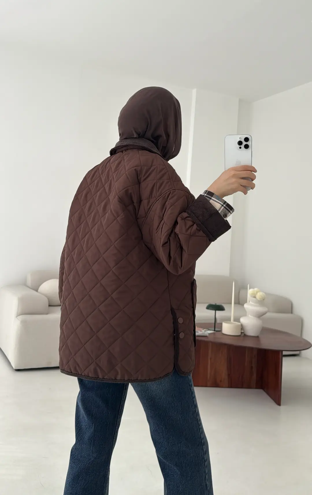 Kapitone Kadife Geçişli Ceket Kahve - Görsel 3