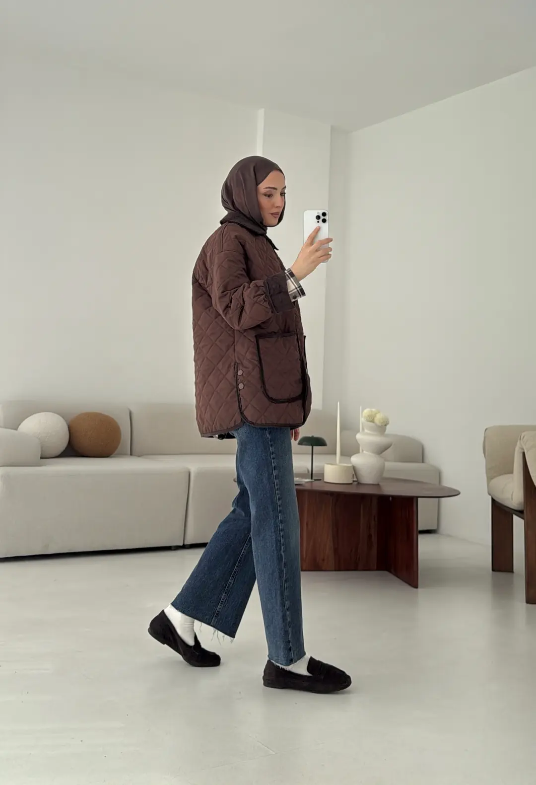 Kapitone Kadife Geçişli Ceket Kahve - Görsel 4