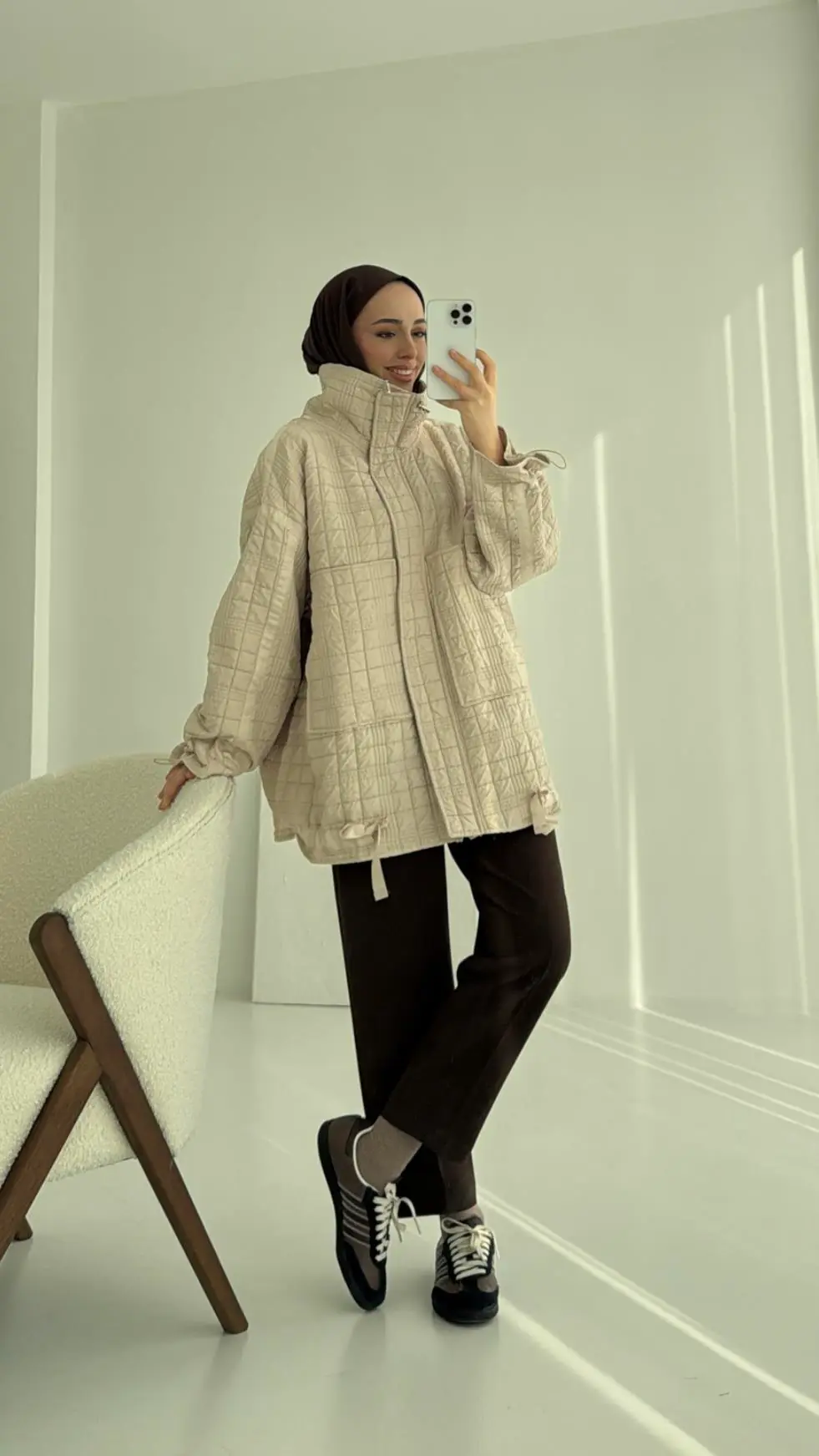 Kapitone Oversize Kol Detay Ceket Bej - Görsel 2