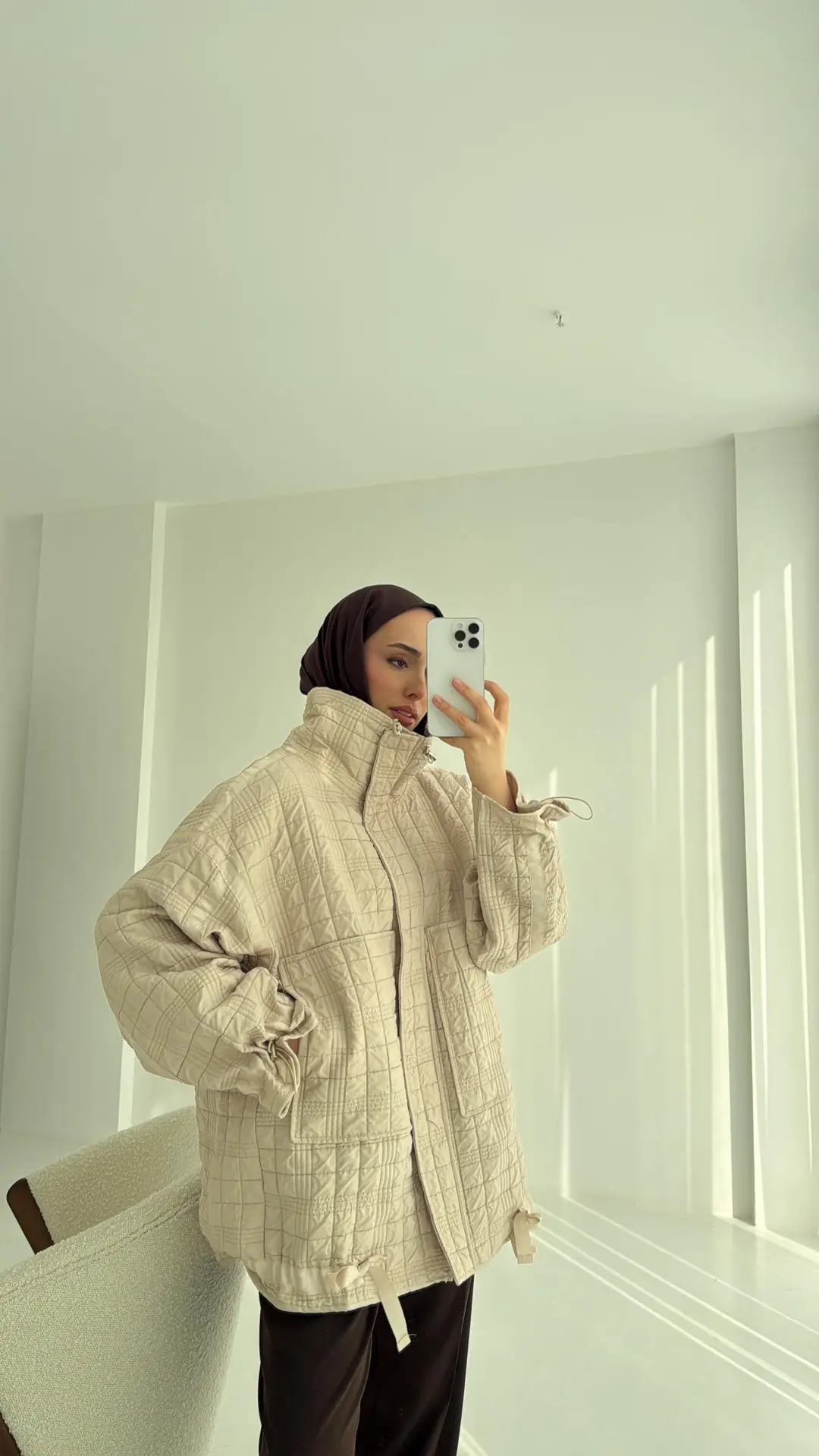 Kapitone Oversize Kol Detay Ceket Bej - Görsel 3