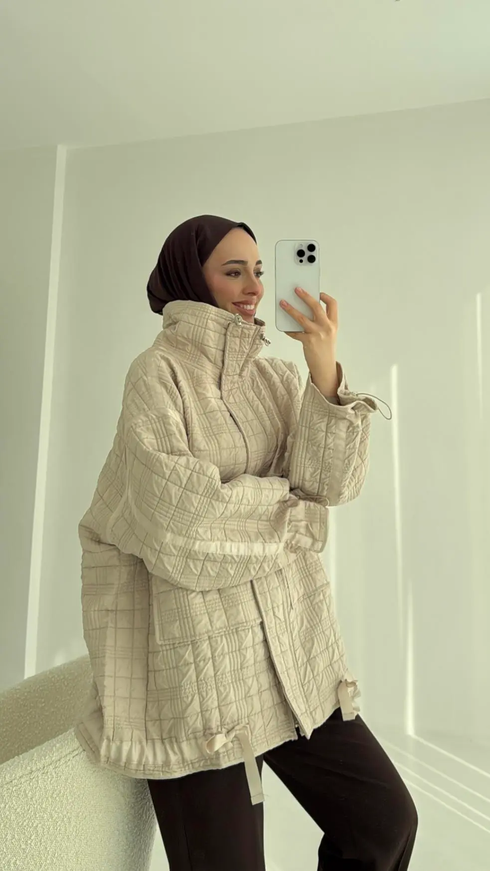 Kapitone Oversize Kol Detay Ceket Bej - Görsel 4