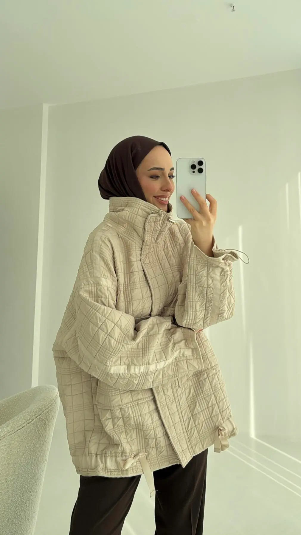 Kapitone Oversize Kol Detay Ceket Bej - Görsel 6