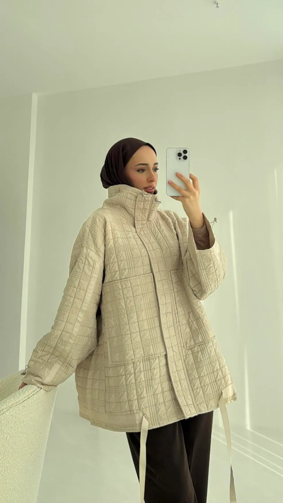 Kapitone Oversize Kol Detay Ceket Bej - Görsel 8