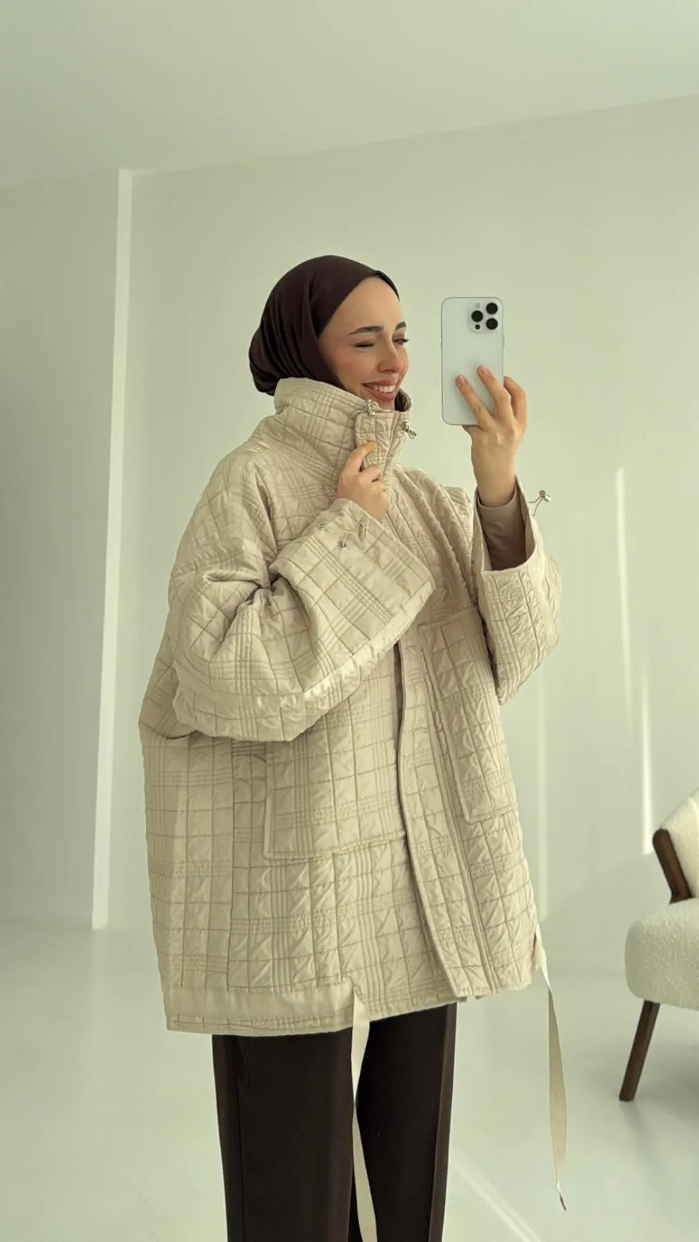 Kapitone Oversize Kol Detay Ceket Bej - Görsel 9