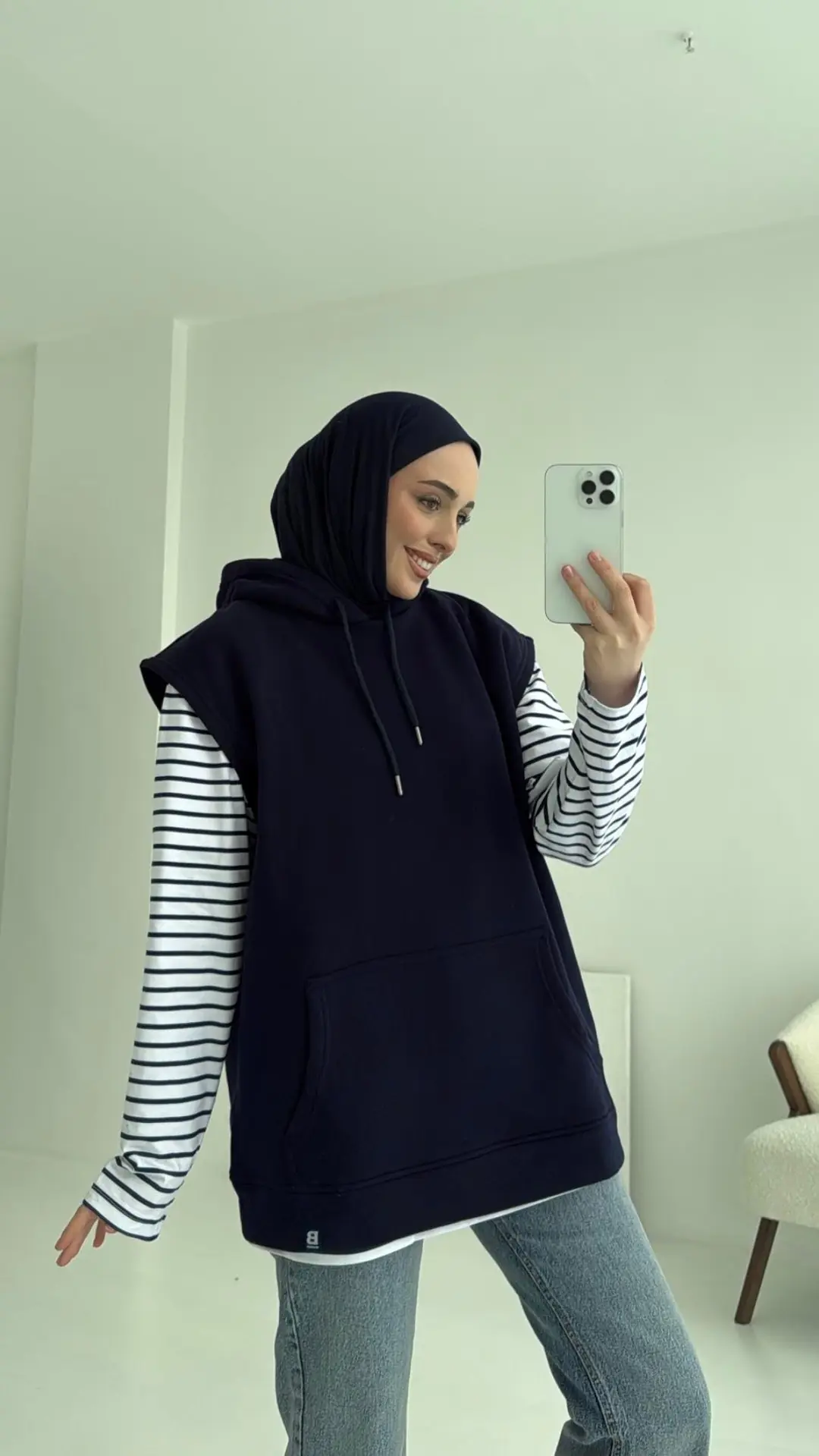 Kapüşonlu Çizgili İki Parçalı Sweat Lacivert - Görsel 2