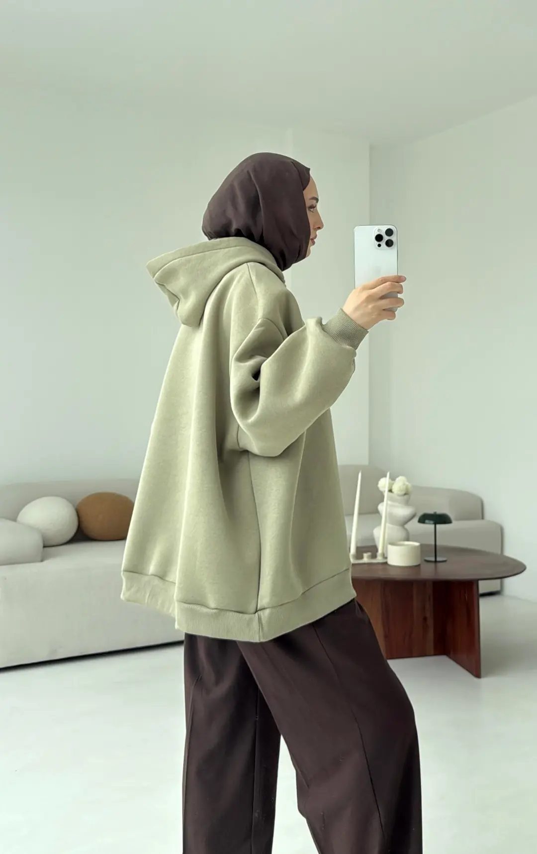 Kapüşonlu Oversize Şardonlu Sweatshirt Cagla - Görsel 3