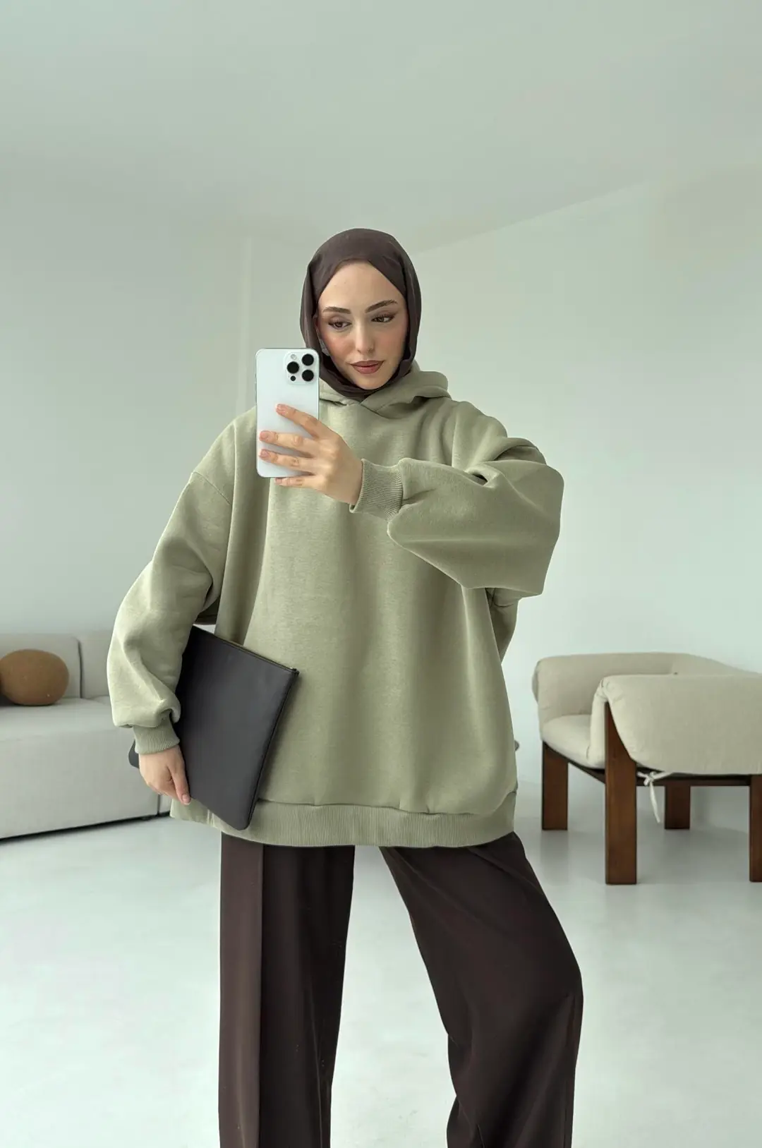 Kapüşonlu Oversize Şardonlu Sweatshirt Cagla - Görsel 5