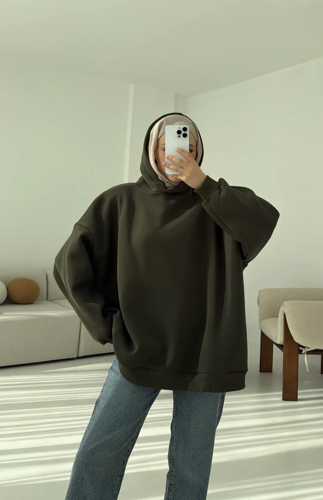 Kapüşonlu Oversize Şardonlu Sweatshirt Haki - Görsel 2