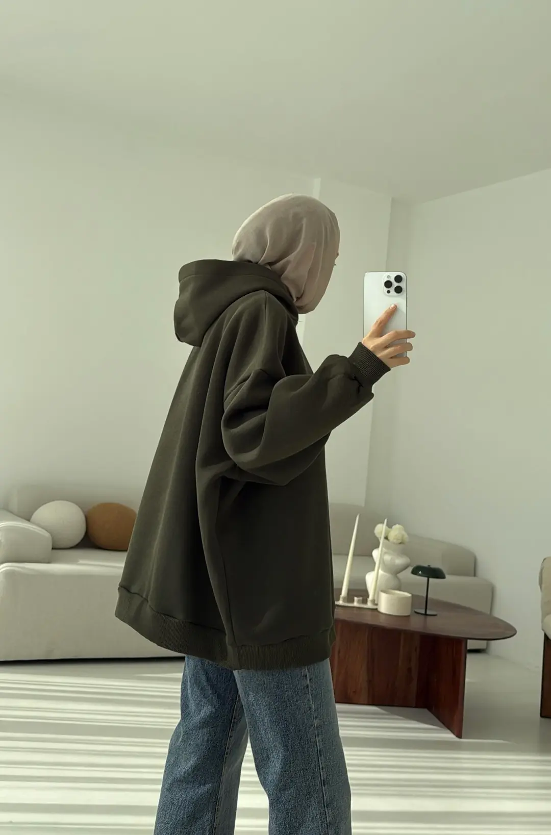 Kapüşonlu Oversize Şardonlu Sweatshirt Haki - Görsel 4