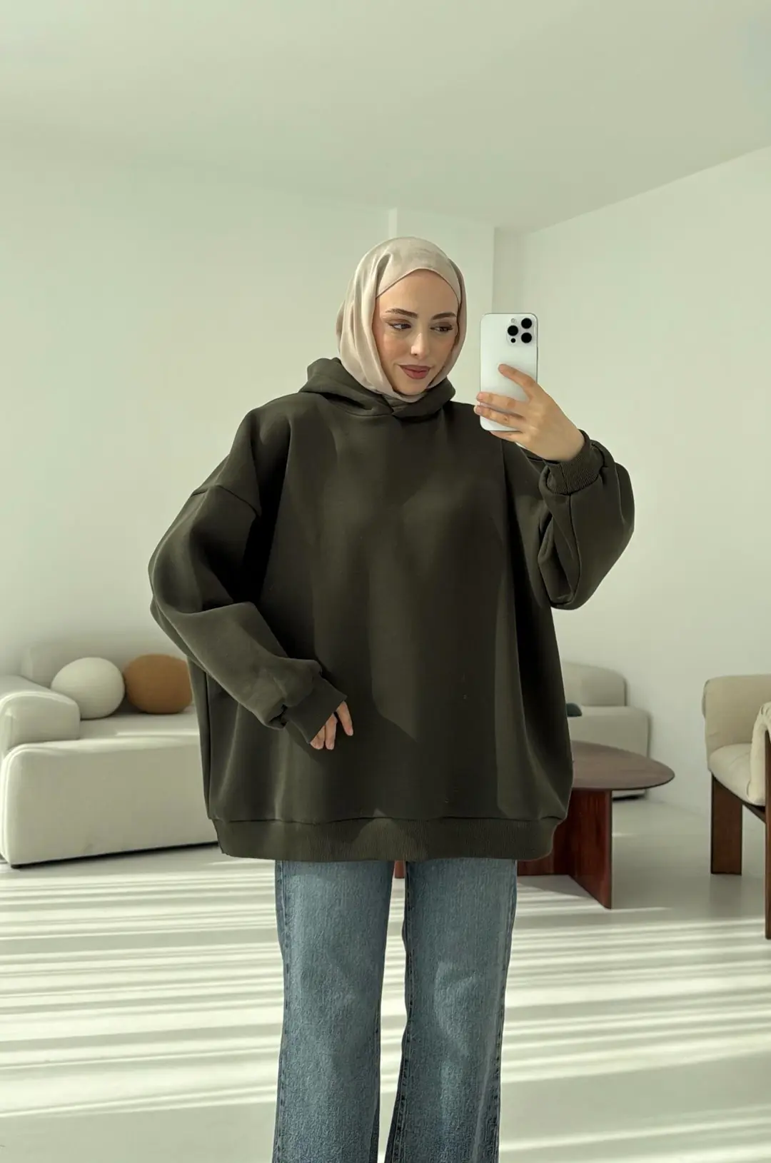 Kapüşonlu Oversize Şardonlu Sweatshirt Haki - Görsel 5