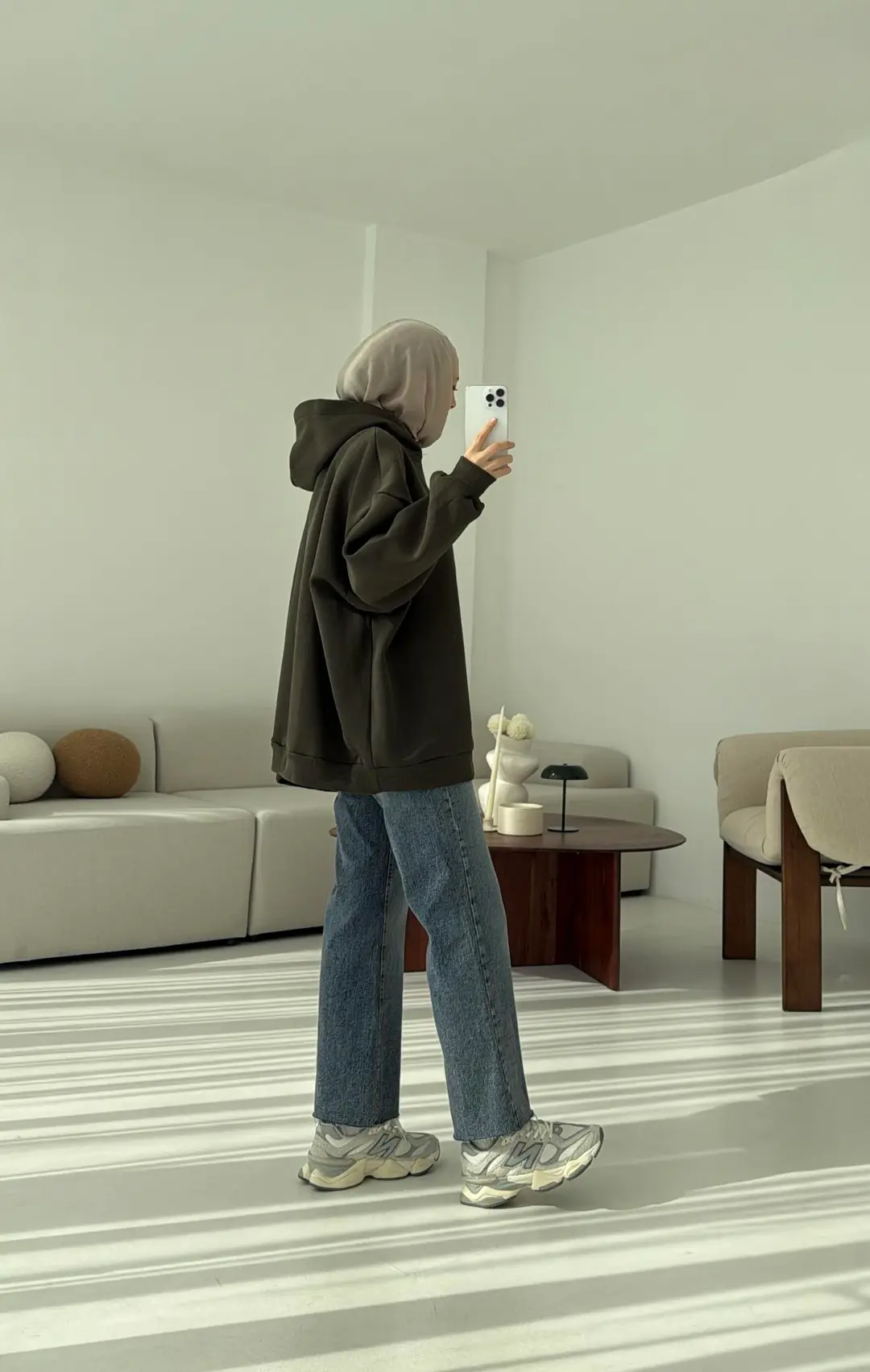 Kapüşonlu Oversize Şardonlu Sweatshirt Haki - Görsel 6