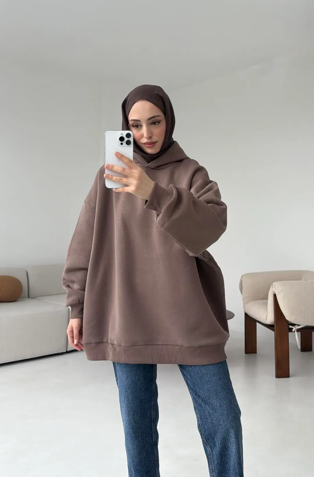 Kapüşonlu Oversize Şardonlu Sweatshirt Kahve - Görsel 2
