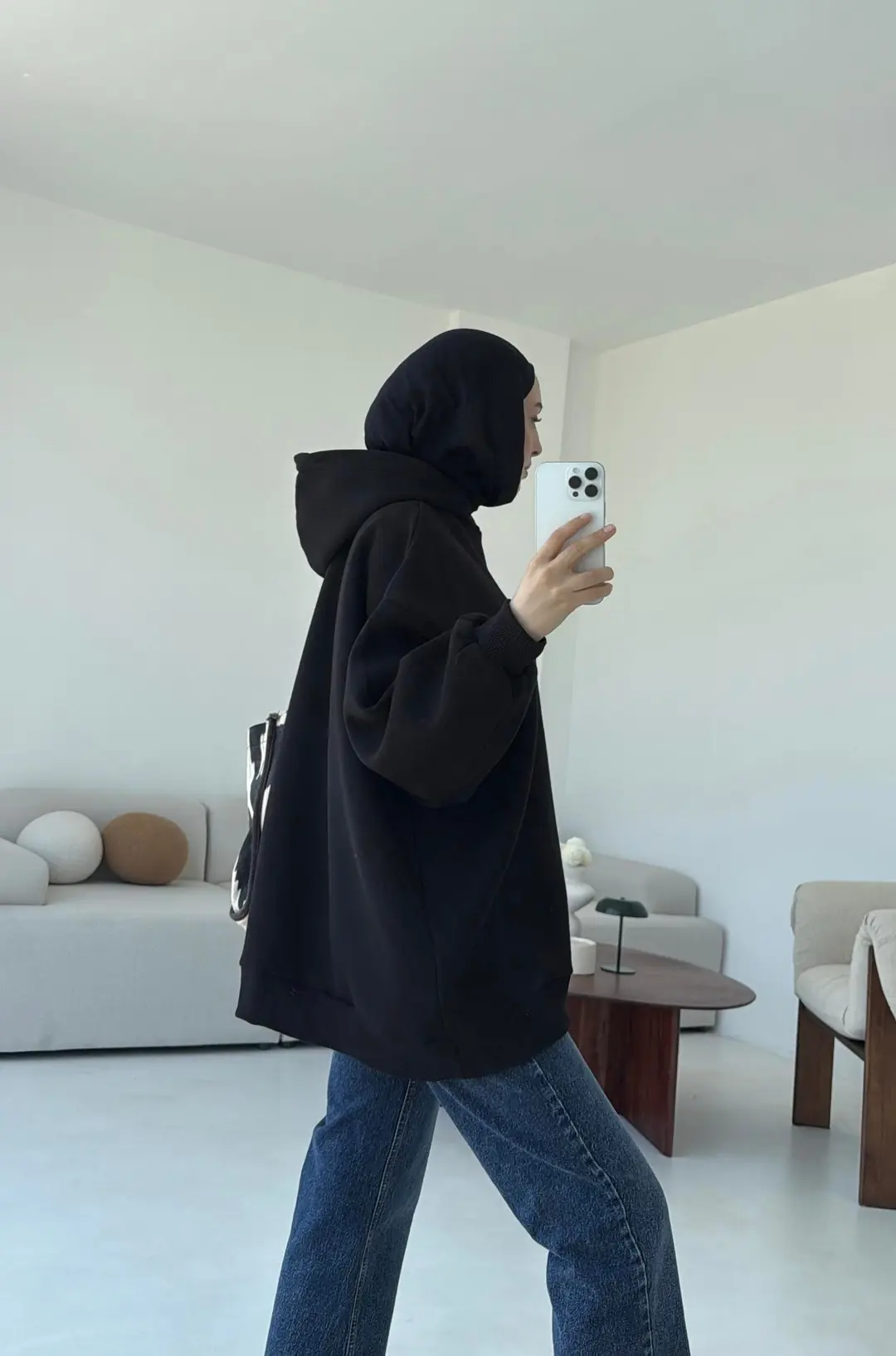 Kapüşonlu Oversize Şardonlu Sweatshirt Siyah - Görsel 2