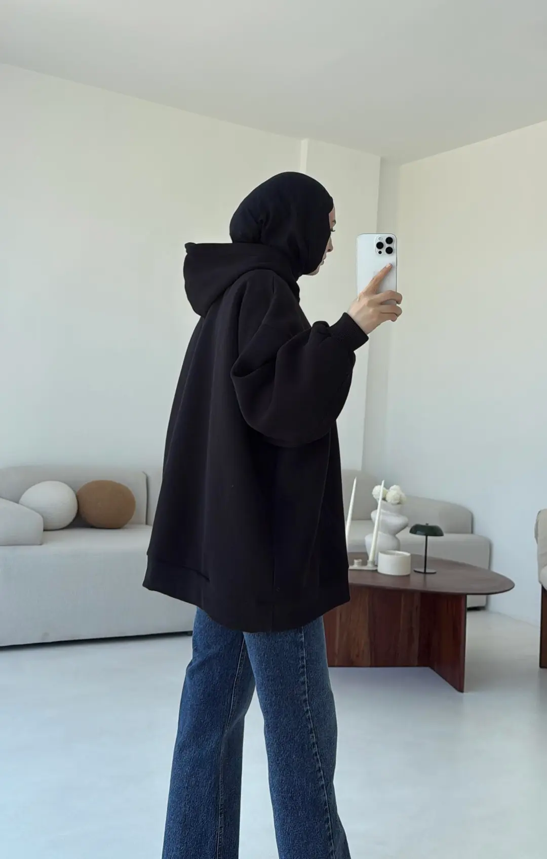 Kapüşonlu Oversize Şardonlu Sweatshirt Siyah - Görsel 5