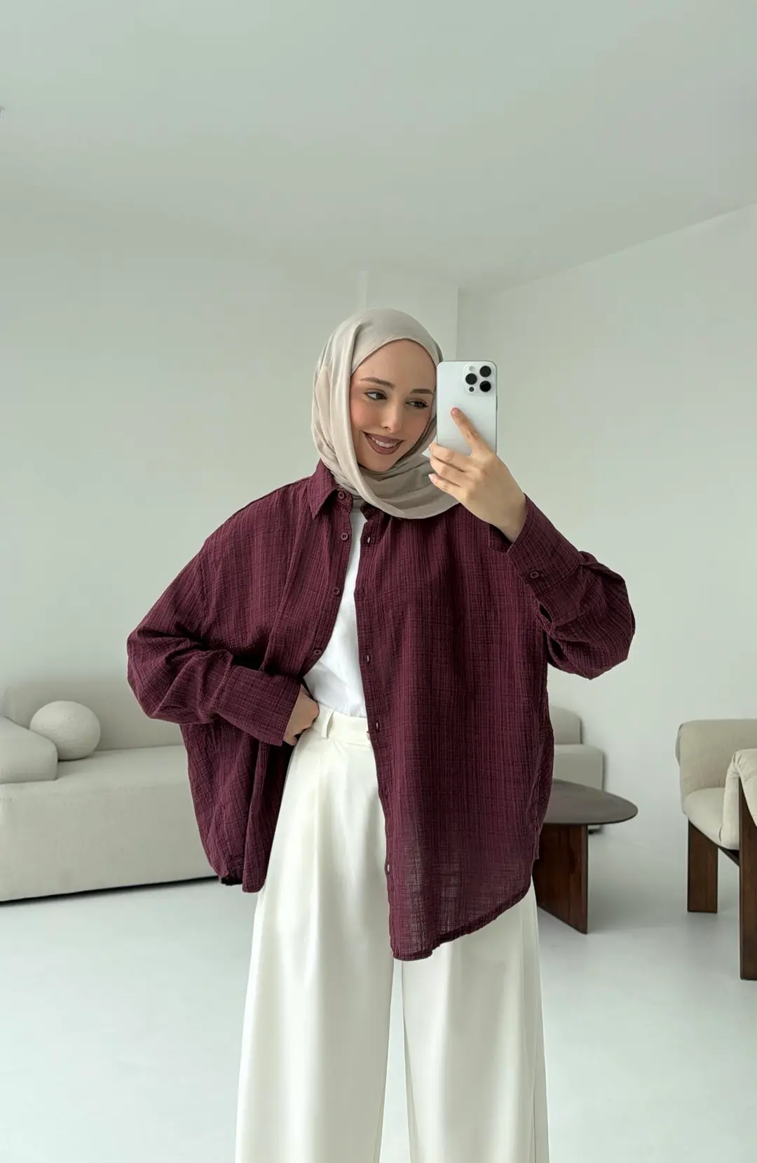 Kare Dokulu Bordo Oversize Gömlek