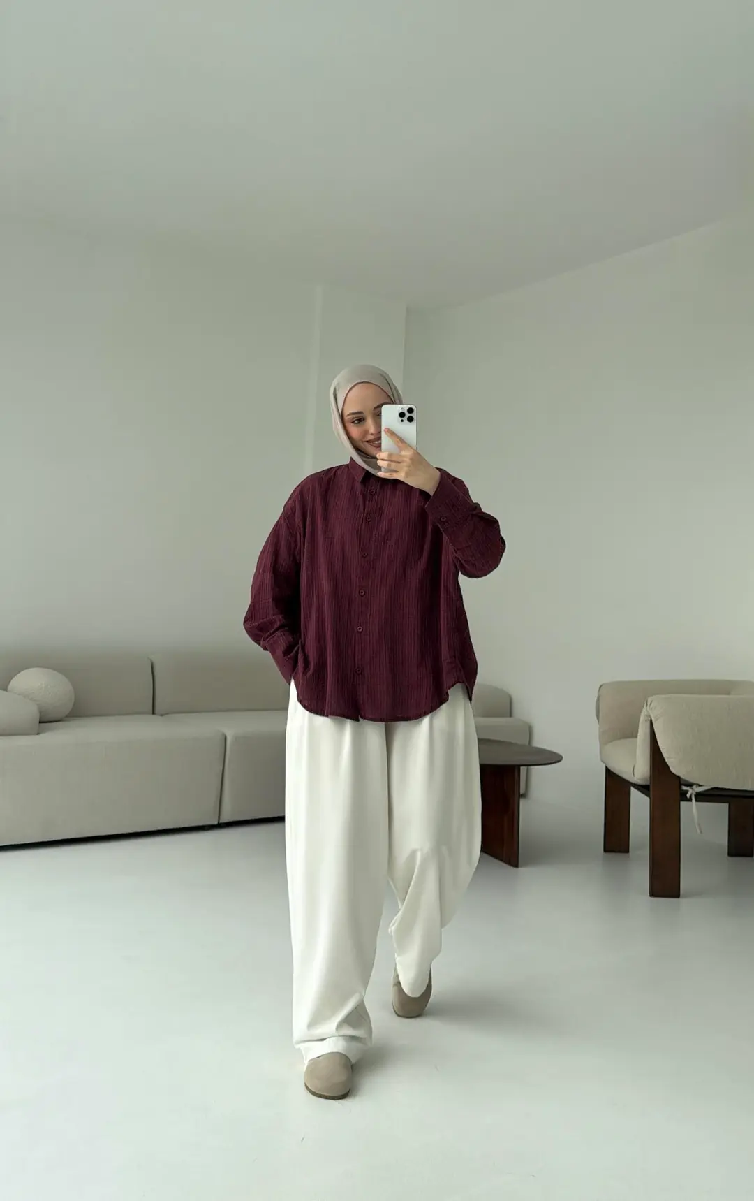 Kare Dokulu Bordo Oversize Gömlek - Görsel 2