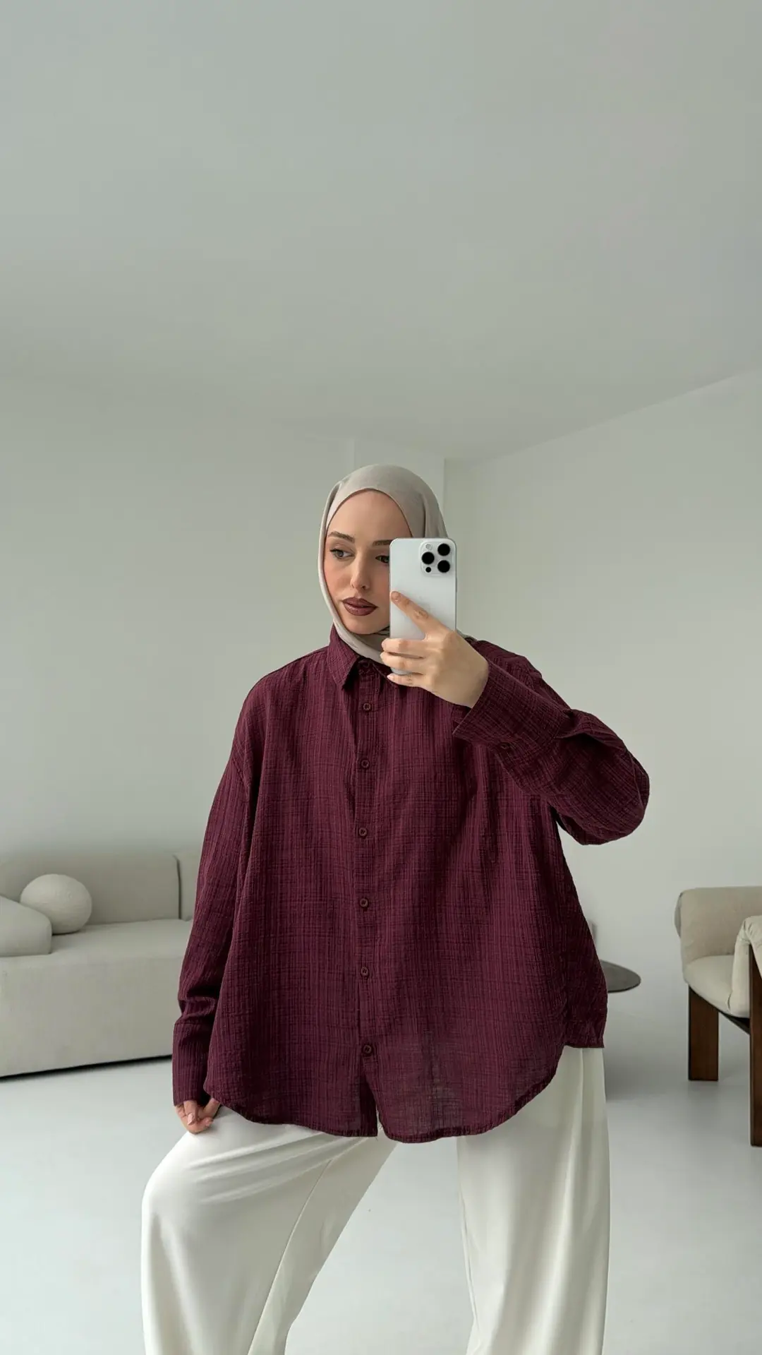 Kare Dokulu Bordo Oversize Gömlek - Görsel 3