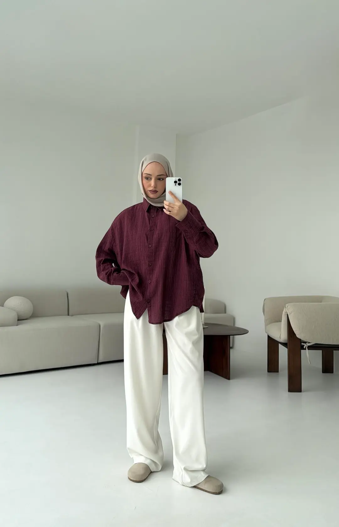 Kare Dokulu Bordo Oversize Gömlek - Görsel 4