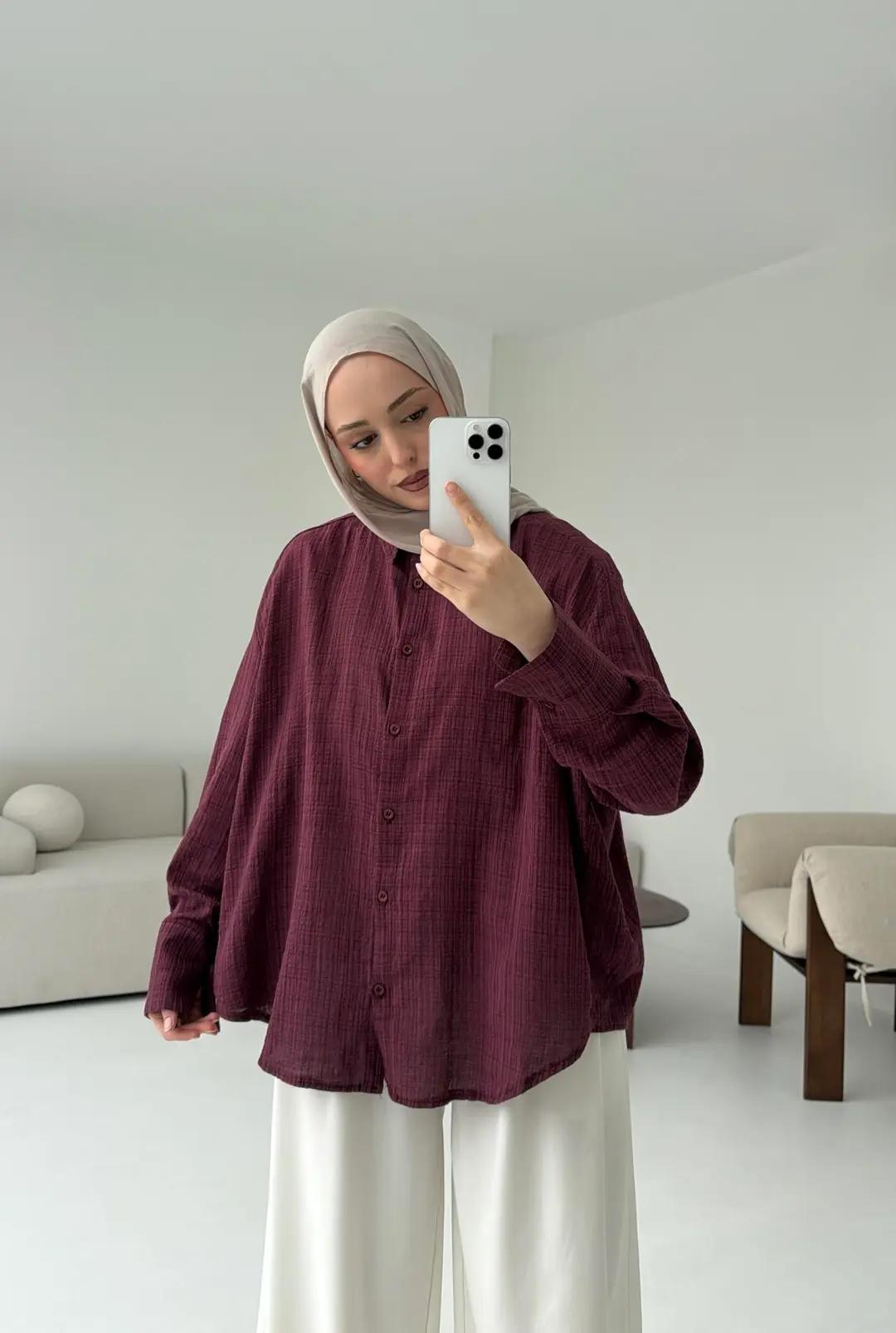 Kare Dokulu Bordo Oversize Gömlek - Görsel 6