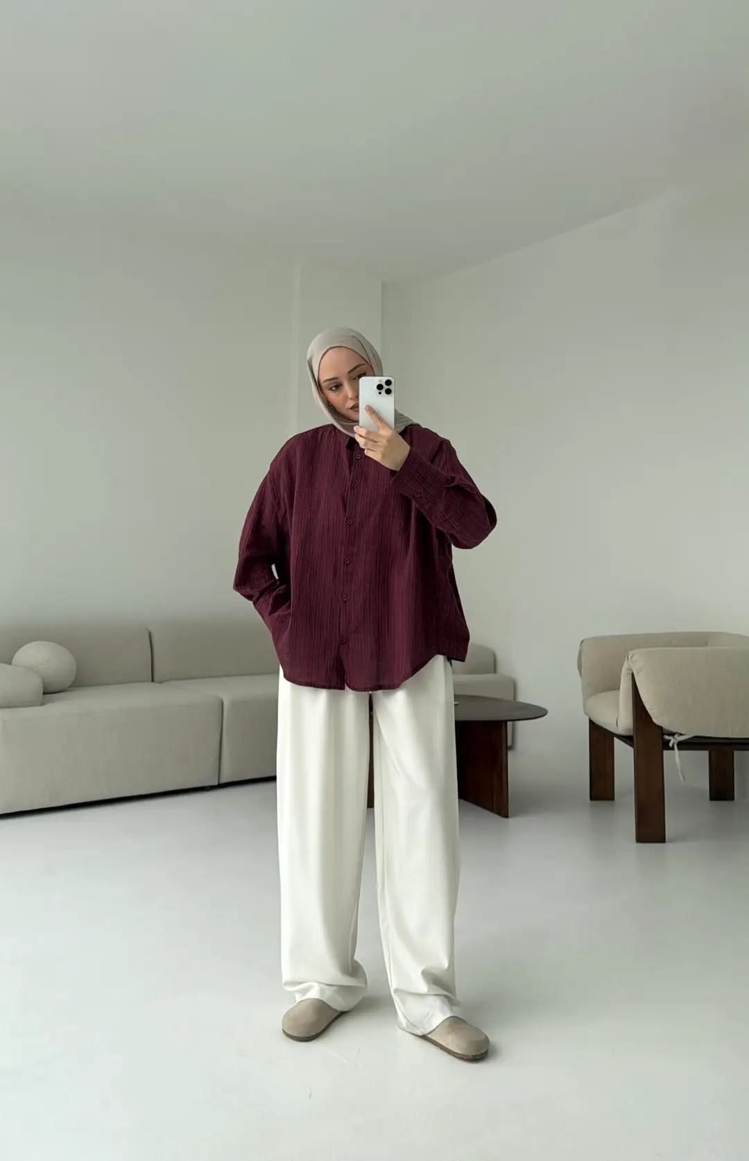 Kare Dokulu Bordo Oversize Gömlek - Görsel 7