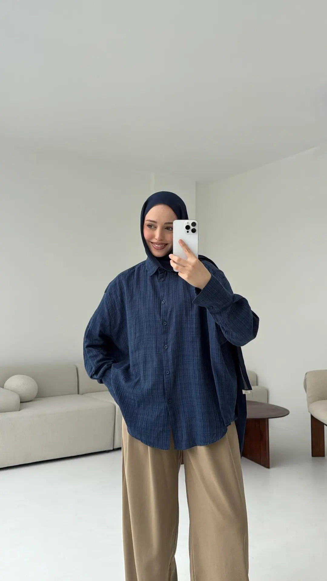 Kare Dokulu Lacivert Oversize Gömlek - Görsel 2